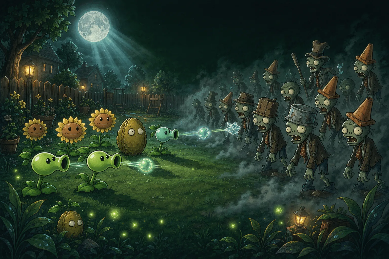 月夜下的草坪战场：豌豆射手与向日葵守在一侧，成群的僵尸从另一侧压过来